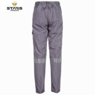 Back view of gray work pants with elastic waistband, side cargo pockets, and reflective bands at the calves (Stars Workwear logo in corner).