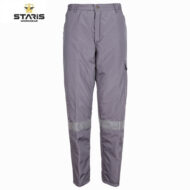 Grey work pants with reflective knee bands, side cargo pocket and belt loops (Staris Workwear branding)
