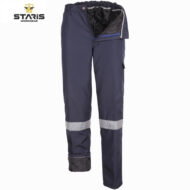 Pair of dark blue work pants with reflective bands around the lower legs, zip fly, and folded cuffs at the bottom, branded Staris Workwear in the corner