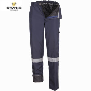 Pair of dark blue work pants with reflective bands around the lower legs, zip fly, and folded cuffs at the bottom, branded Staris Workwear in the corner