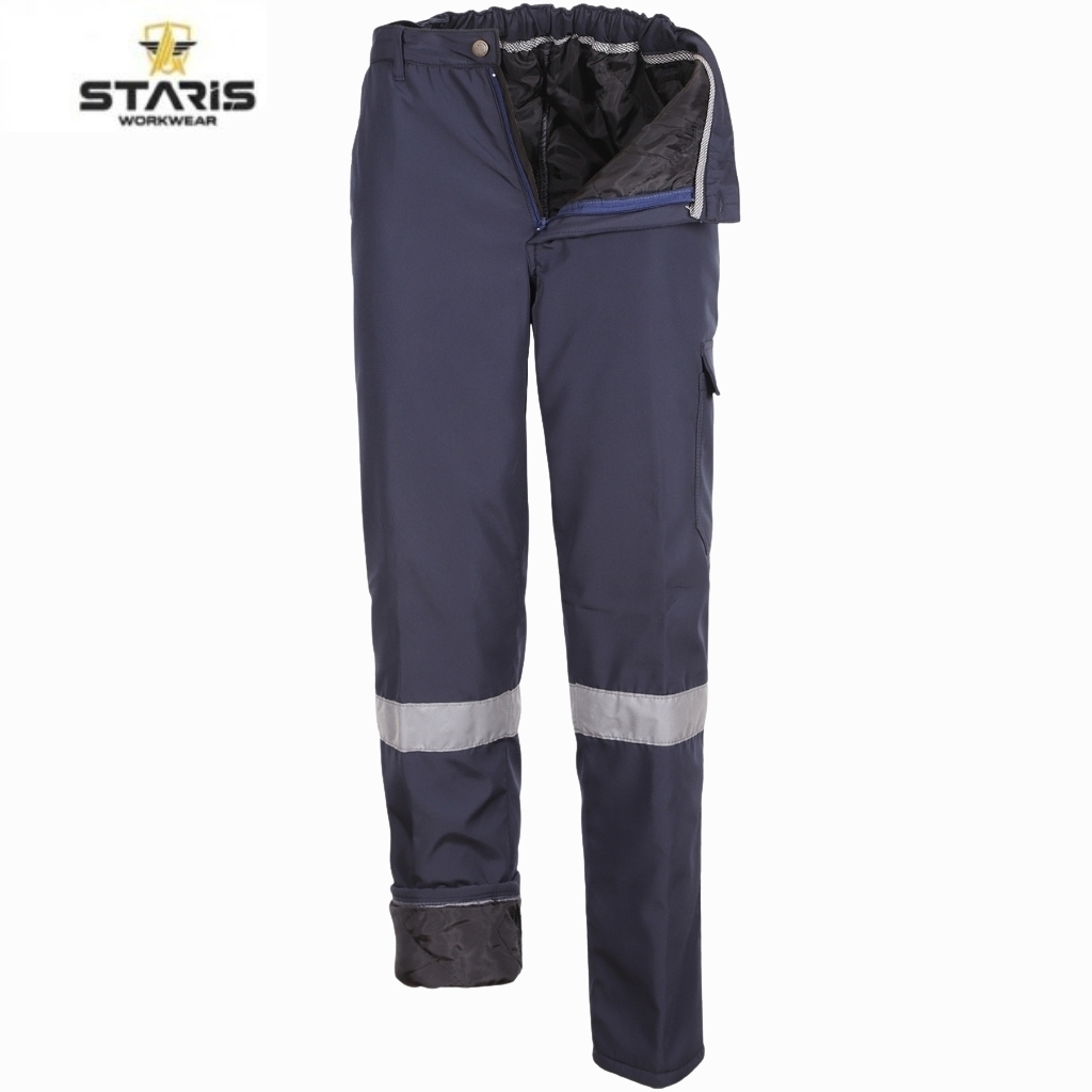 Pair of dark blue work pants with reflective bands around the lower legs, zip fly, and folded cuffs at the bottom, branded Staris Workwear in the corner