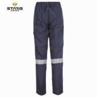 Back view of navy work pants with elastic waistband, rear pocket on the right, and a reflective silver band around the lower legs.
