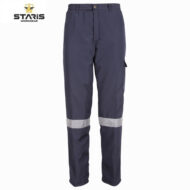 Navy work pants with a side cargo pocket and reflective bands around the lower legs, from Staris Workwear