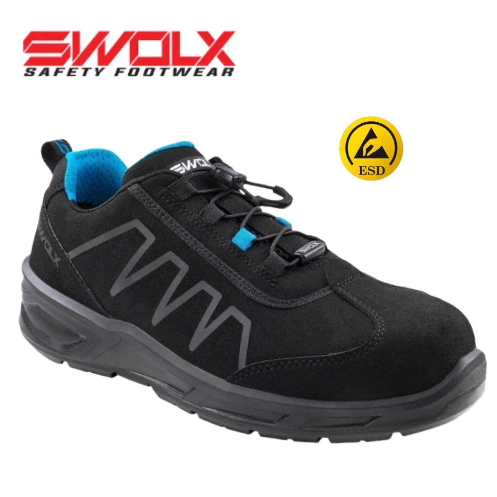 Black SWOLX safety shoe with blue interior, showing ESD emblem on the right; low-cut work sneaker designed for safety footwear.