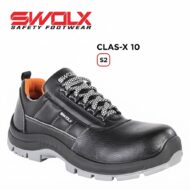 SWOLX CLAS-X 10 safety shoe in black leather with orange lining and rugged gray sole, side branding visible