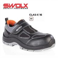 SWOLX Clas-X 16 S1 safety shoe in black with orange inner lining and gray sole, shown from a side angle with strap visible.