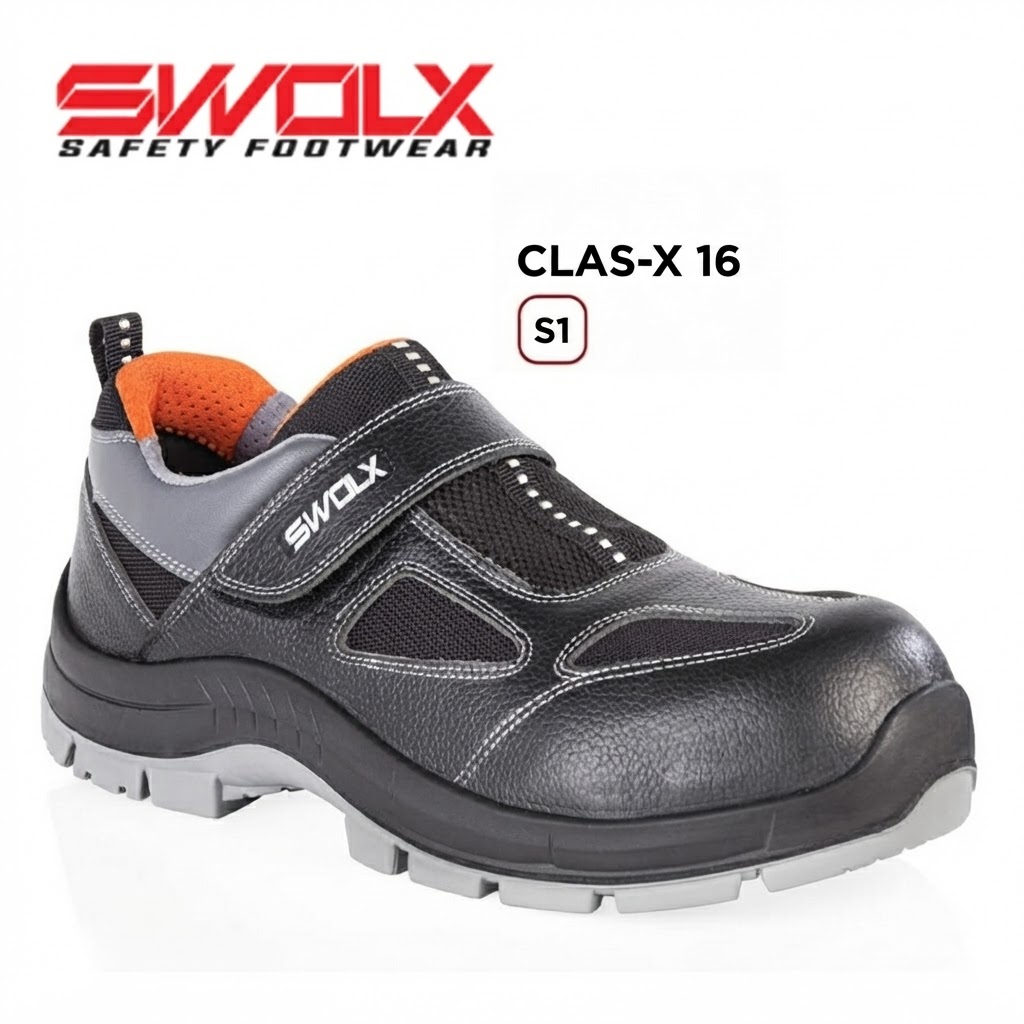 SWOLX Clas-X 16 S1 safety shoe in black with orange inner lining and gray sole, shown from a side angle with strap visible.