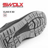 Close-up of a rugged gray outsole from safety footwear, showing deep tread, with CLAS-X 50 and S2 markings and a red brand logo in the top-left corner.