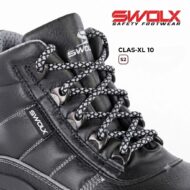 Close-up of a black SWOLEX safety boot with braided laces and metal eyelets, showing model CLAS-XL 10 and S2 badge.