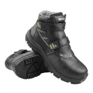 Black leather safety boot with two Velcro straps, padded collar, and rugged tread sole.