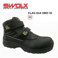 Black safety boot with Velcro straps, labeled SWALX/Safety Footwear, brand logo visible on upper strap