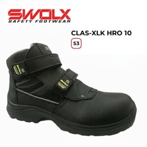 Black safety boot with Velcro straps, labeled SWALX/Safety Footwear, brand logo visible on upper strap