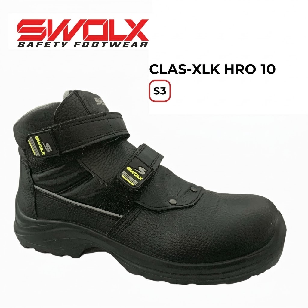Black safety boot with Velcro straps, labeled SWALX/Safety Footwear, brand logo visible on upper strap