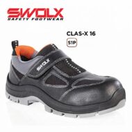 SWOLX safety shoe Clas-X 16 S1P with black leather upper, orange lining, and rugged gray sole.