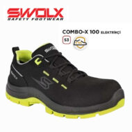 Black safety shoe with neon yellow-green accents and sole, Swolx Combo-X 100 Elektrikçi electrician footwear