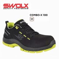 Swolx Combo-X 100 S3 safety shoe in black with neon yellow lining and sole accents, side logo visible