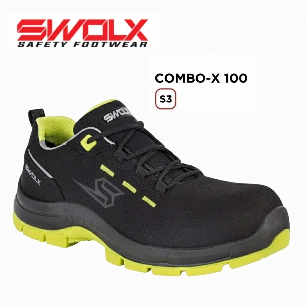Swolx Combo-X 100 S3 safety shoe in black with neon yellow lining and sole accents, side logo visible