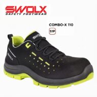 Black safety shoe with neon yellow lining and outsole; COMBO-X 110 S1P label visible at top left.