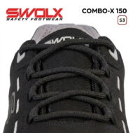 Close-up of a black SWOLX safety shoe, showing the front laces; brand logo and 'Combo-X 150 S3' text are visible.