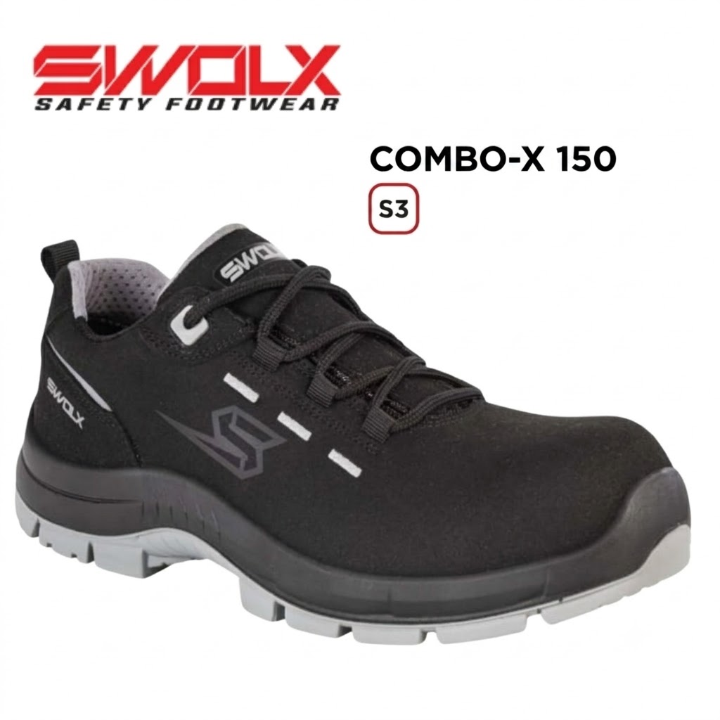 SWOLX Combo-X 150 safety shoe in black with gray sole, S3 standard label, low-cut work footwear