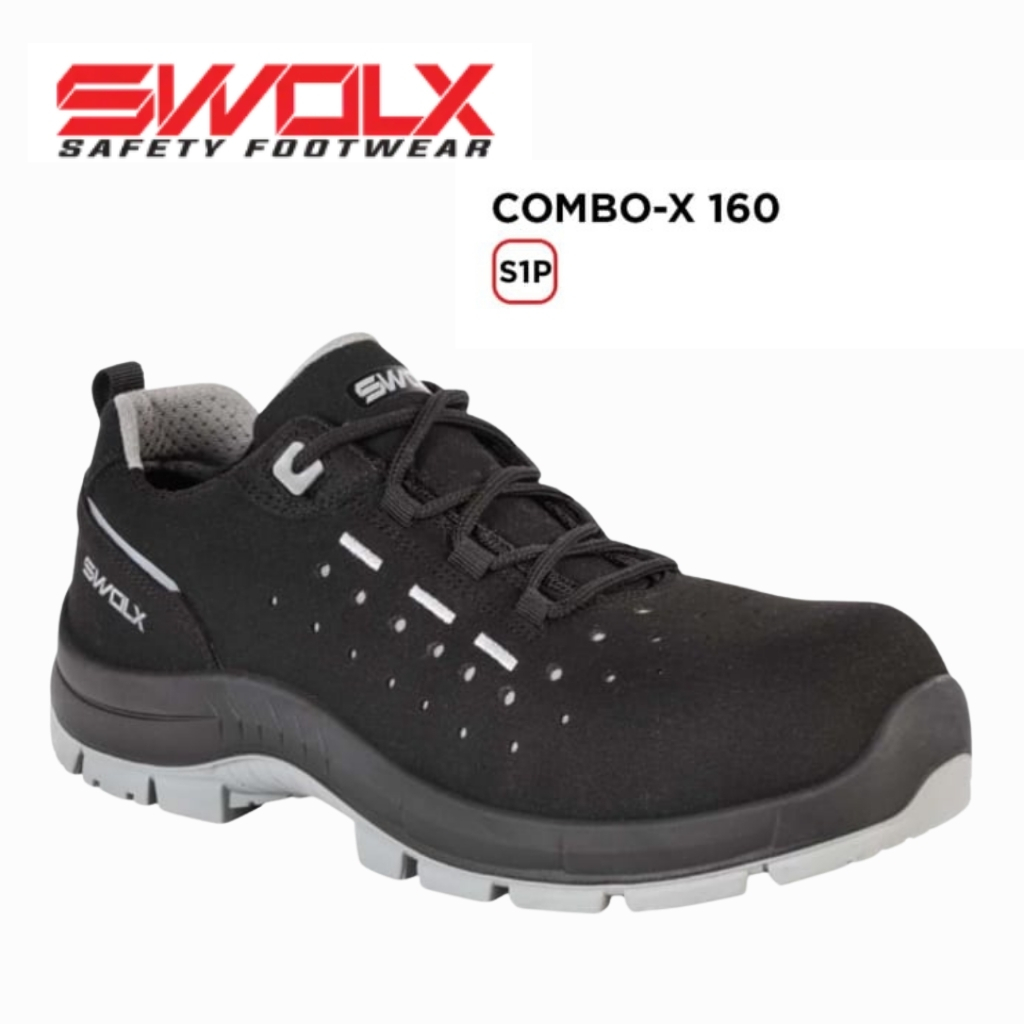 Black SWOLX safety shoe (Combo-X 160) with lace-up design and rugged gray sole, shown at a slight angle.