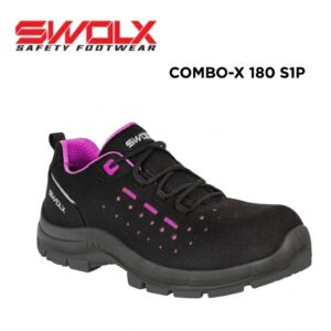 SWOLX safety shoe, black with pink lining, model Combo-X 180 S1P shown from side view