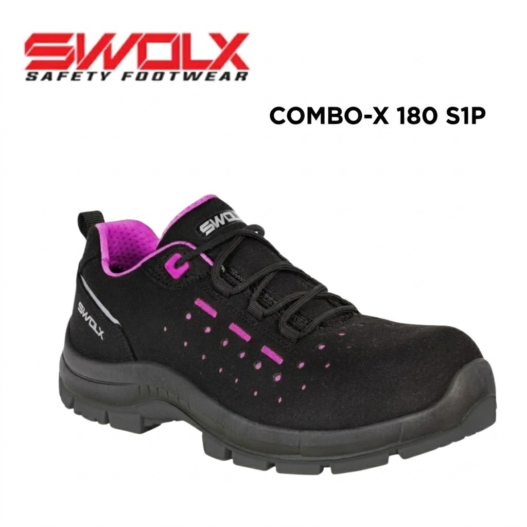 SWOLX safety shoe, black with pink lining, model Combo-X 180 S1P shown from side view