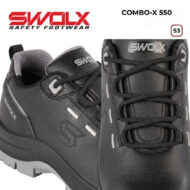 Black SWOLX Combo-X 550 safety shoes, close-up of laced toe and logo on side, athletic work footwear