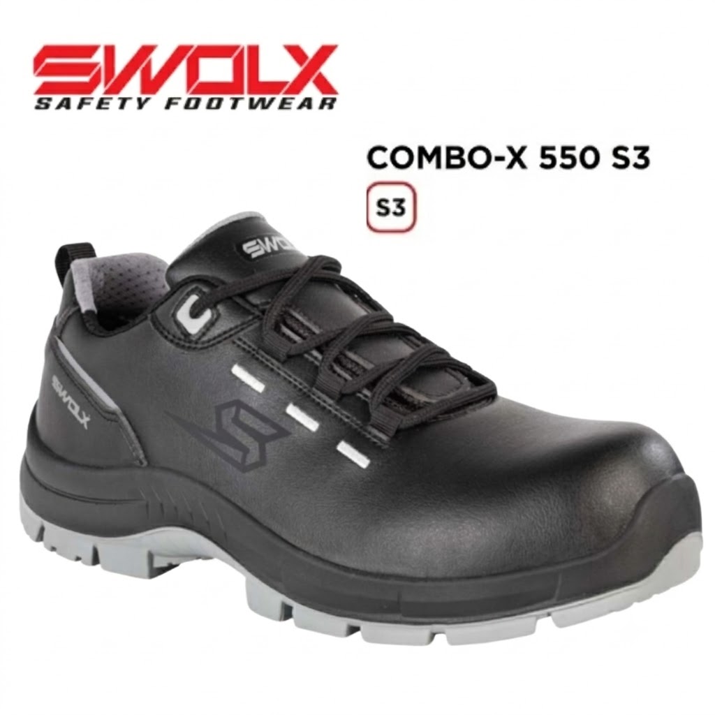 SWOLX Combo-X 550 S3 safety shoe in black with rugged gray outsole and laces [S3 rating]