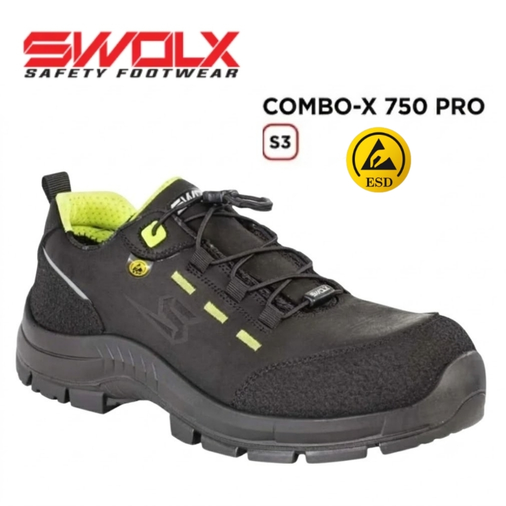 SWOLX Combo-X 750 Pro safety shoe: black with neon yellow lining, rugged outsole, S3 and ESD indicators nearby