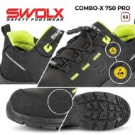 Black SWOLX safety boot with neon lining, featuring ESD badges and rugged outsole.