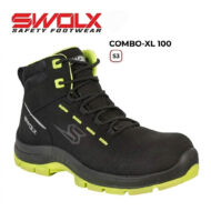 Black safety boot with neon yellow accents and rugged tread, SWOLX Combo-XL 100 S3.