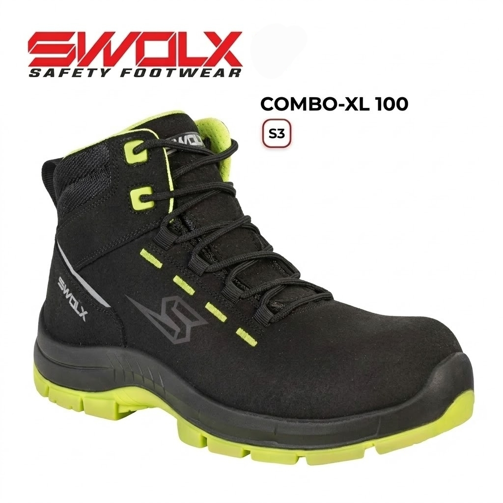 Black safety boot with neon yellow accents and rugged tread, SWOLX Combo-XL 100 S3.