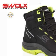 Close-up of a black safety boot with neon yellow accents and lime-green outsole, SWOLX Safety Footwear logo visible top left.