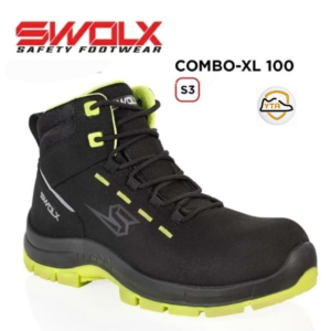 Black safety sneaker with neon yellow sole and laces, close-up of the tread area