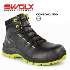 Black safety boot with neon lime sole and laces, branded SWA L X Safety Footwear, model Combo-XL 500