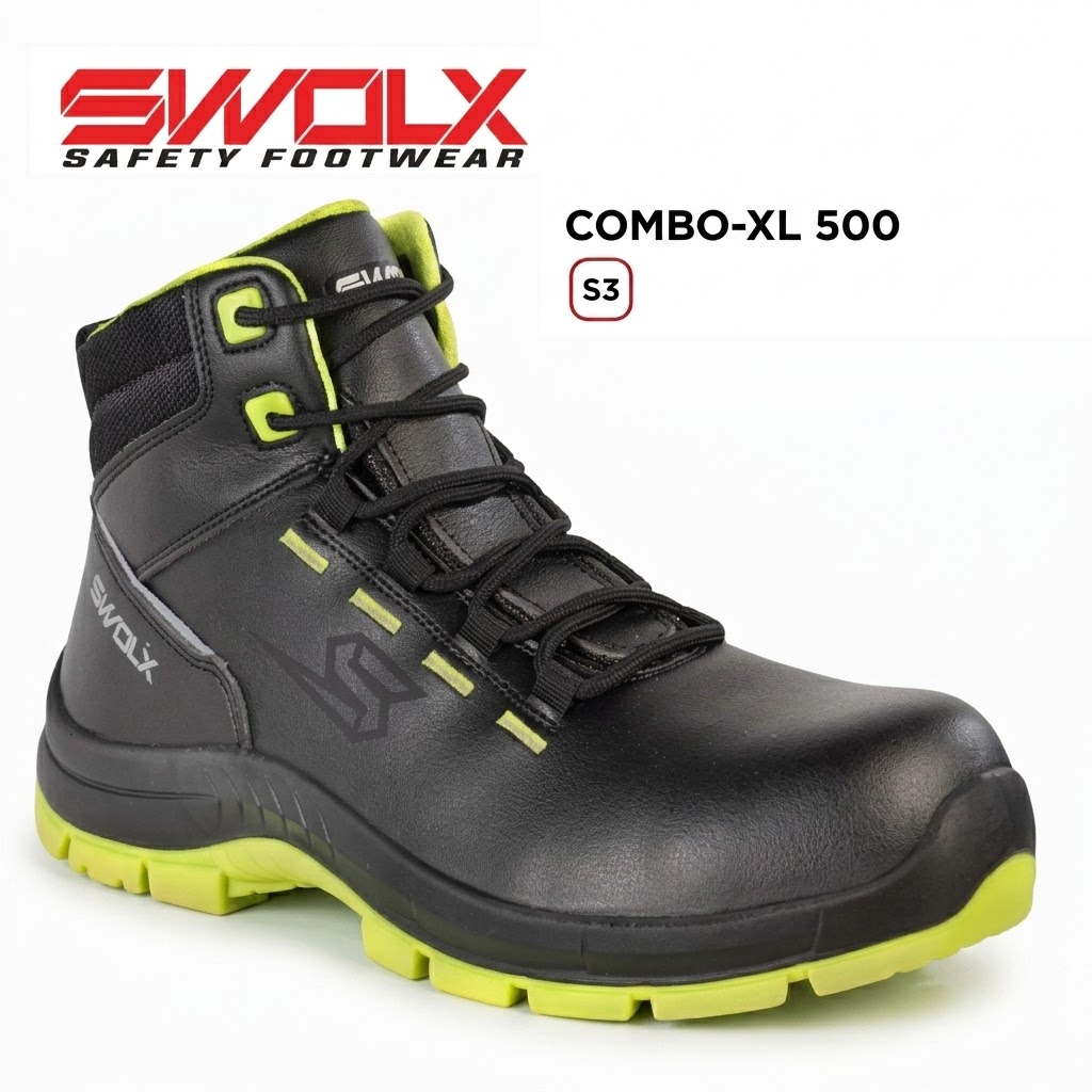 Black safety boot with neon lime sole and laces, branded SWA L X Safety Footwear, model Combo-XL 500
