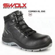 Black SWOLX COMBO-XL 550 S3 safety boot with black leather upper and gray outsole, laced design curtailed at ankle.