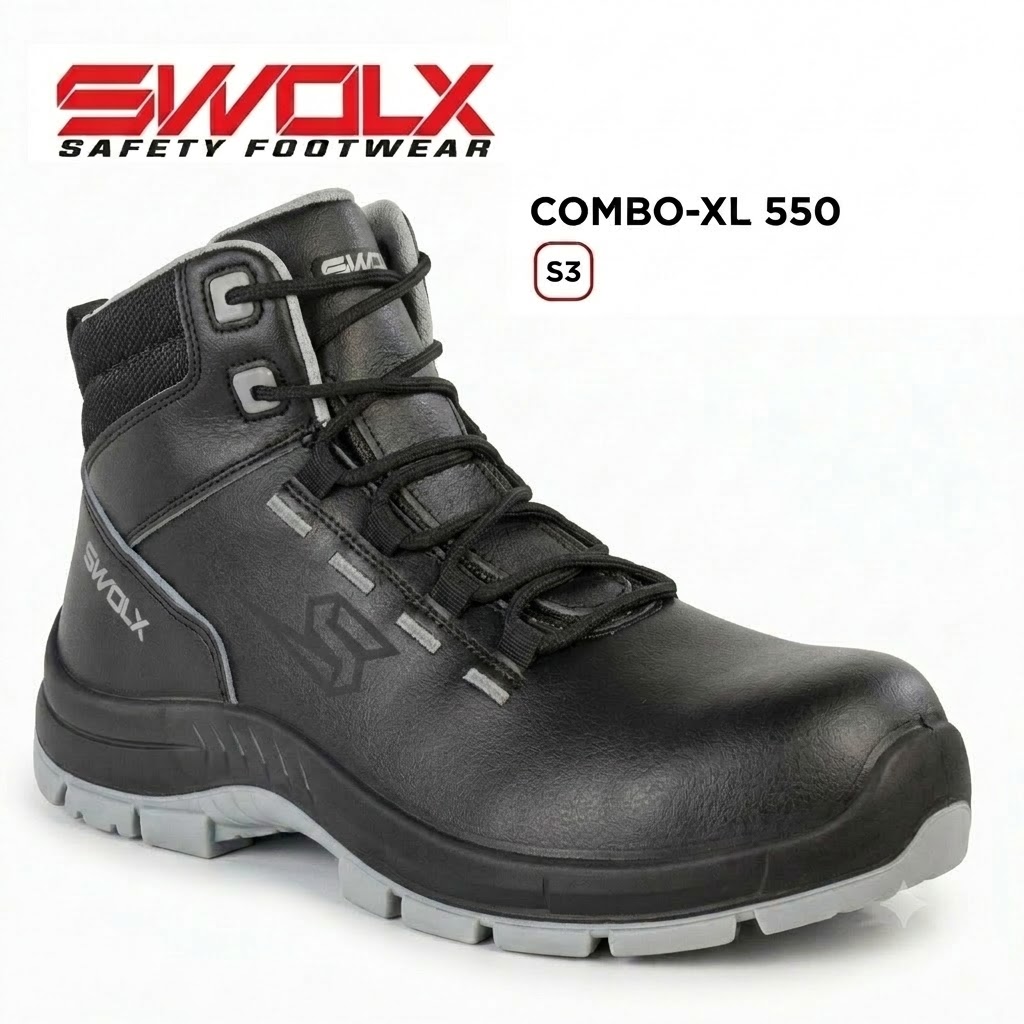 Black SWOLX COMBO-XL 550 S3 safety boot with black leather upper and gray outsole, laced design curtailed at ankle.