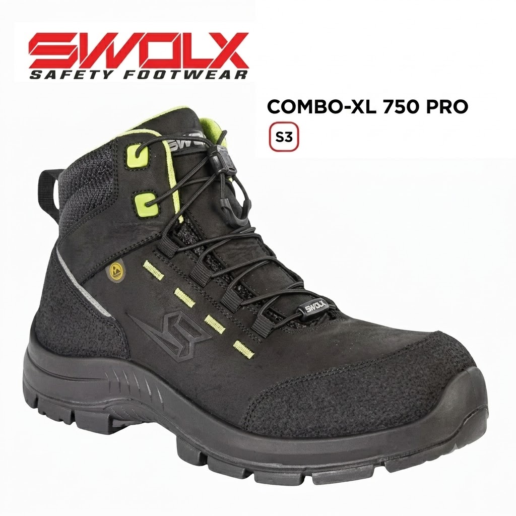 SWOLX Combo-XL 750 Pro safety boot, black with lime-yellow accents and rugged outsole (S3).