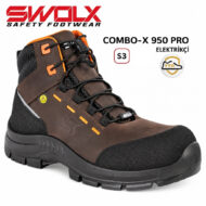 Brown SWOX Combo-X 950 Pro safety boot for electricians with black sole, orange eyelets, and S3 rating (YTA badge).