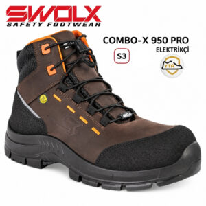 Brown SWOX Combo-X 950 Pro safety boot for electricians with black sole, orange eyelets, and S3 rating (YTA badge).