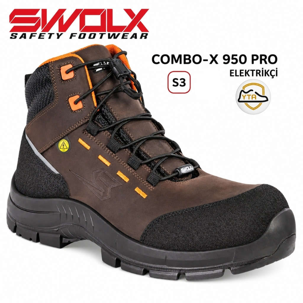 Brown SWOX Combo-X 950 Pro safety boot for electricians with black sole, orange eyelets, and S3 rating (YTA badge).