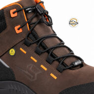 Close-up of a brown hiking boot with orange laces and stitching, showing eyelets and side logo.