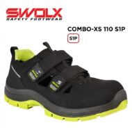 SWOLX Combo-XS 110 S1P safety shoe with black upper and neon yellow sole, two Velcro straps for quick fit.