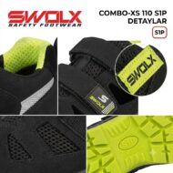 Collage of SWOLX safety footwear: black shoe with neon lining, Velcro straps, bright yellow logo tag, and neon sole labeled S1P; product details shown.
