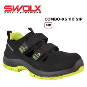 SWOLX Combo-XS 110 S1P safety shoe with black upper and neon yellow sole, two Velcro straps for quick fit.
