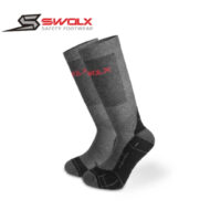 Pair of grey Swolx safety socks with reinforced heel and toe, logo visible at top left.