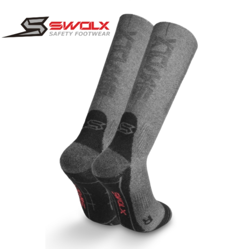 Two grey knee-high safety socks with black reinforced heel and toe, displayed with the Swolx Safety Footwear logo in the top-left corner.