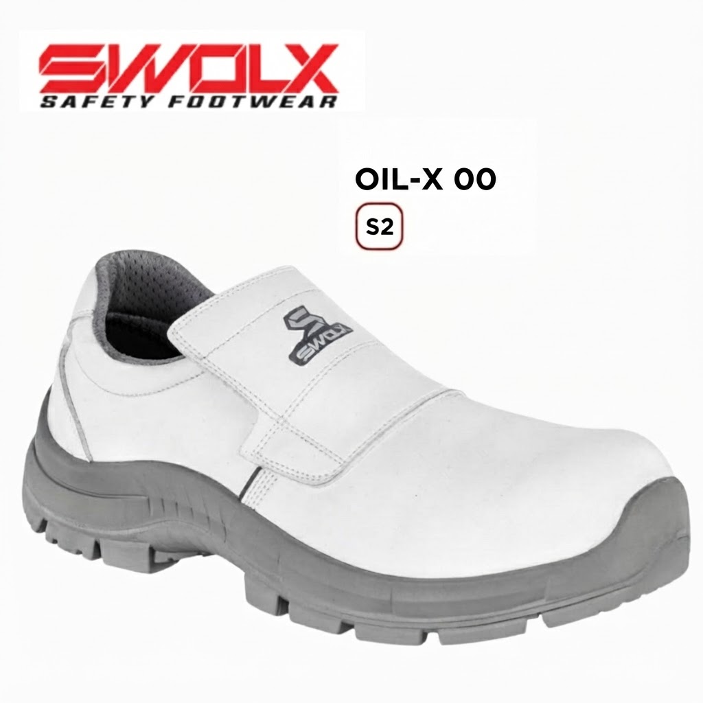 White SWOX safety shoe with Velcro strap and gray outsole, logo visible; labeled OIL-X OO S2.